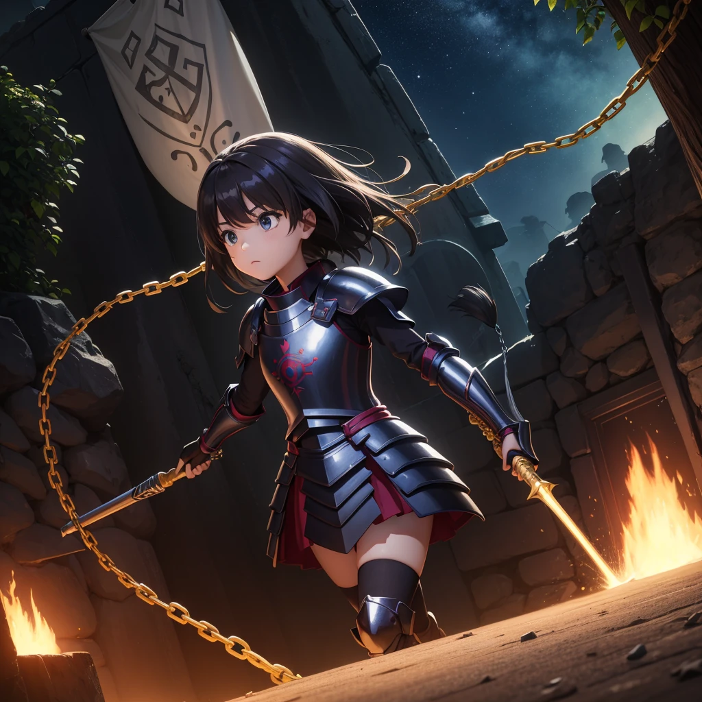 最high quality、high quality、Simple Cloth Armor、10Year-old girl adventurer、Equipped with a weapon that has a short chain at the end of a stick and a spiked iron ball at the end of the chain、In a dark maze