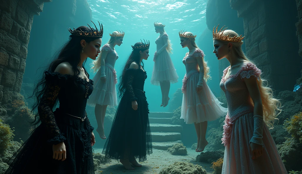 Extra wide angle 16:9. Portrait. A twin sister’s beautiful gothic queens and 5 doll-like princesses. Europeans. 3 queens are dressed in a black medieval lace-dresses, many layered. Beautiful realistic fine detailed eyes 1:1, black long flowing hair with black crowns, flowing freely with arms in the air holding their hair. (5 princesses have light blonde long hair, wearing shiny-gold crowns with pink crystals, dressed in a white and pale pink lace, medieval dresses in a bending and sitting pose 1:1). All the queens and princesses have best perfect hands, five fingers on each hand, small breasts cleavage, (fine detailed perfect eyes 1:1). Hyper detailed skin on body 1:1. Their doll like faces have perfect detailed skin 1:1. They are all floating differently in a dark deep sea above a((big medieval ballroom very old realistic and very dark 1:3) in an old gothic perished palace)). Night. Little neon blue worms glowing in the dark. On the bottom of the palace floor are pink corals. Sea moss. Bright colored blue, pink, orange, green fishes swimming around. Octopus. Treasure chest with gold coins and jewelry in it. A fantastic scene that uses 3D Surreal 3D model.The entire setup is masterpiece 1:3 framed with the grandeur of dark medieval gothic style. photographed in a Canon EOS R5, 50mm Lens, F/2.8, (8K)"