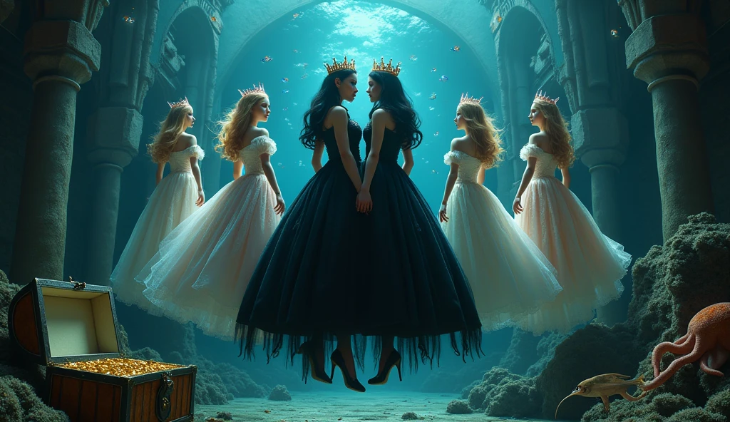 Extra wide angle 16:9. Portrait. A twin sister’s beautiful gothic queens and 5 doll-like princesses. Europeans. 3 queens are dressed in a black medieval lace-dresses, many layered. Beautiful realistic fine detailed eyes 1:1, black long flowing hair with black crowns, flowing freely with arms in the air holding their hair. (5 princesses have light blonde long hair, wearing shiny-gold crowns with pink crystals, dressed in a white and pale pink lace, medieval dresses in a bending and sitting pose 1:1). All the queens and princesses have best perfect hands, five fingers on each hand, small breasts cleavage, (fine detailed perfect eyes 1:1). Hyper detailed skin on body 1:1. Their doll like faces have perfect detailed skin 1:1. They are all floating differently in a dark deep sea above a((big medieval ballroom very old realistic and very dark 1:3) in an old gothic perished palace)). Night. Little neon blue worms glowing in the dark. On the bottom of the palace floor are pink corals. Sea moss. Bright colored blue, pink, orange, green fishes swimming around. Octopus. Treasure chest with gold coins and jewelry in it. A fantastic scene that uses 3D Surreal 3D model.The entire setup is masterpiece 1:3 framed with the grandeur of dark medieval gothic style. photographed in a Canon EOS R5, 50mm Lens, F/2.8, (8K)"