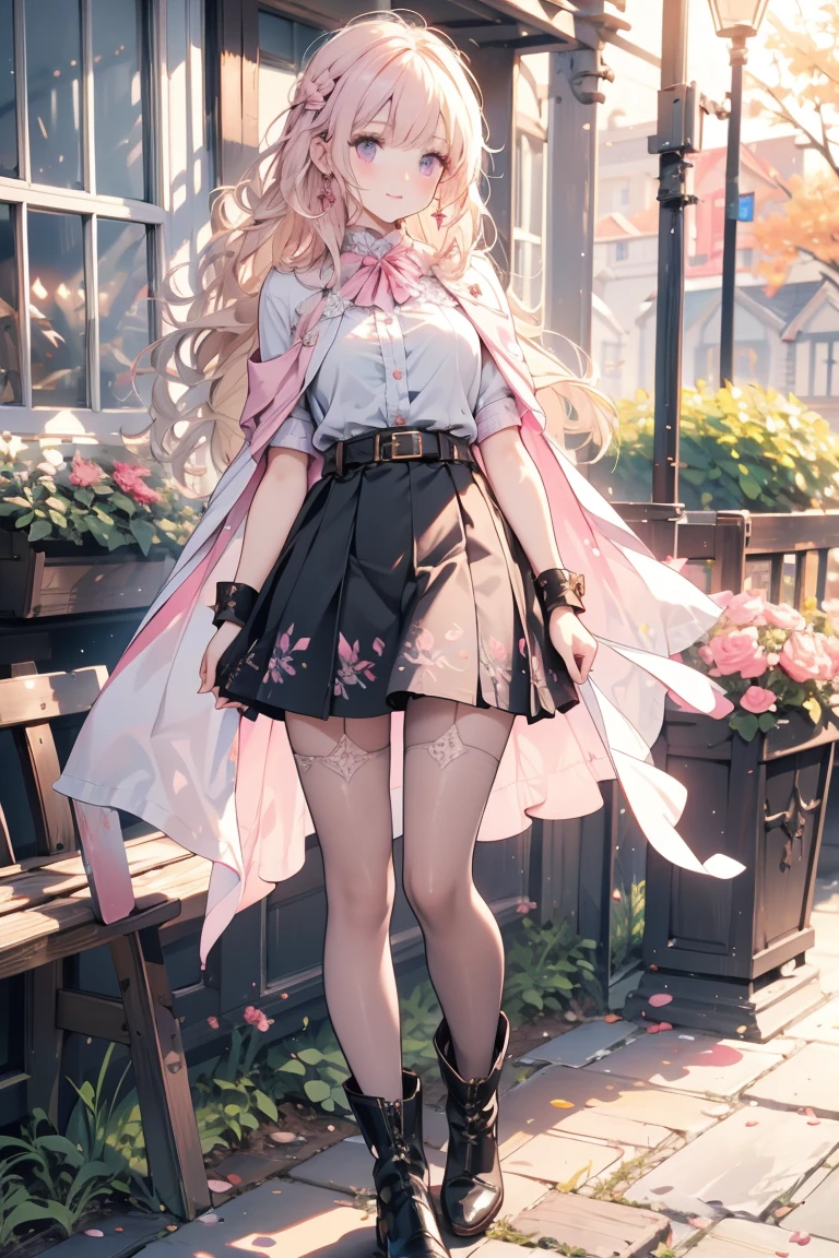 water，wet，masterpiece,best quality,high resolution,Extremely detailed,Elena,have,Long hair,curls,Pink Eyes,earrings,cape,dress,Short sleeve,Gloves,belt,skirt,Black pantyhose,boots,Wind lift,blush,(Make it embarrassing:1.2),outdoor,garden,