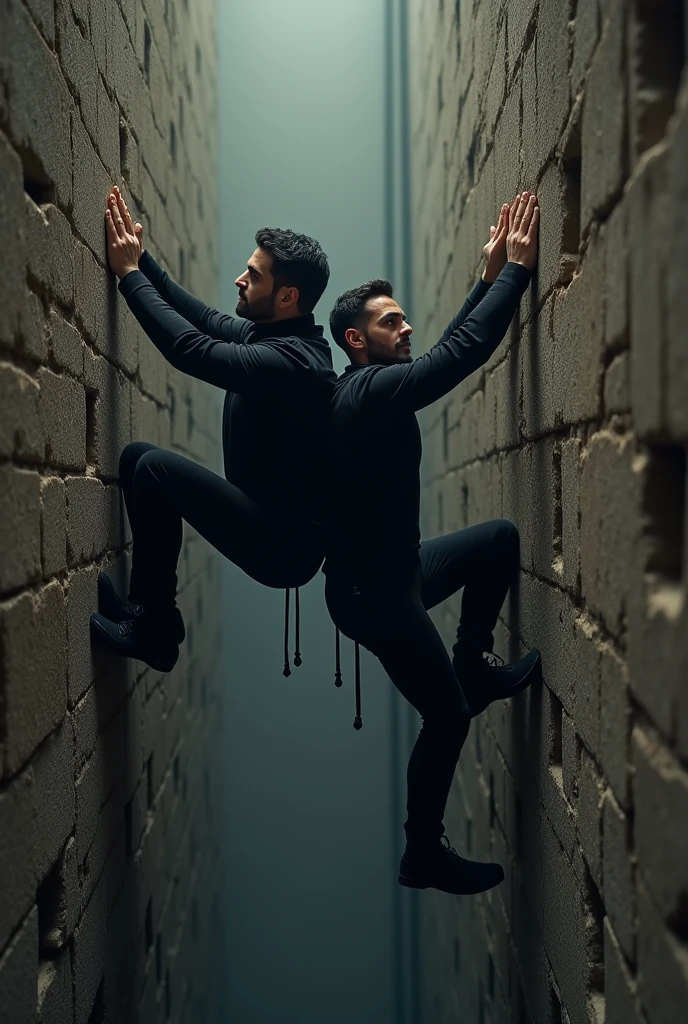 Two men: one small and dressed in black, one big and pretty, climb back to back with outstretched legs to the wall, up a well shaft.
