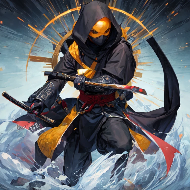 Ninja alchemist man in fully covered black clothes and wearing a hood with a mask covering his face with a katana and two hand crossbows UHD, textured skin, super detail, high details, high quality,