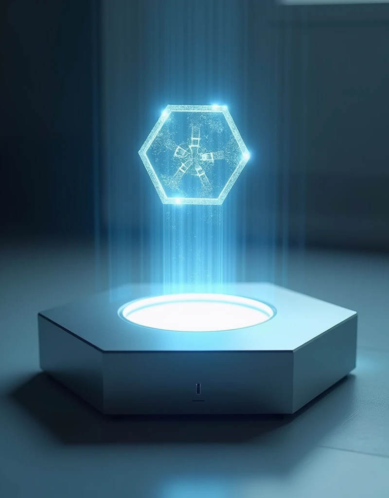 Silvery white metallic luster，This little device is a perfect hexagon，The thickest part is only a few centimeters.，On its surface, you can see a blue-white light stream pulsating slowly.，The central hexagonal area is bright，A holographic image appeared in the air
