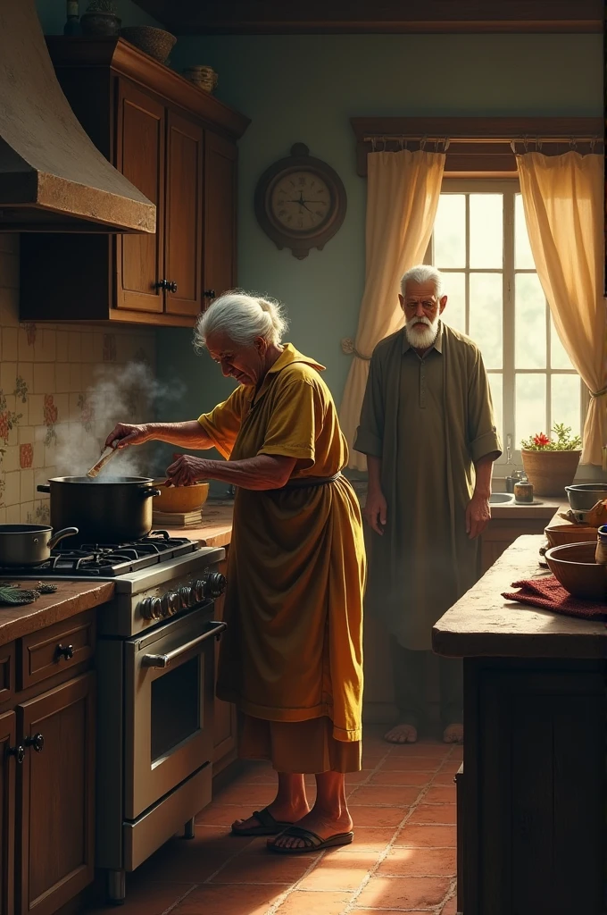  Kitchen, where Mridha Sahib’s wife (Mrs. Mridha) {old woman is}cooking. Mridha Sahib ( Old man)enters stealthily.