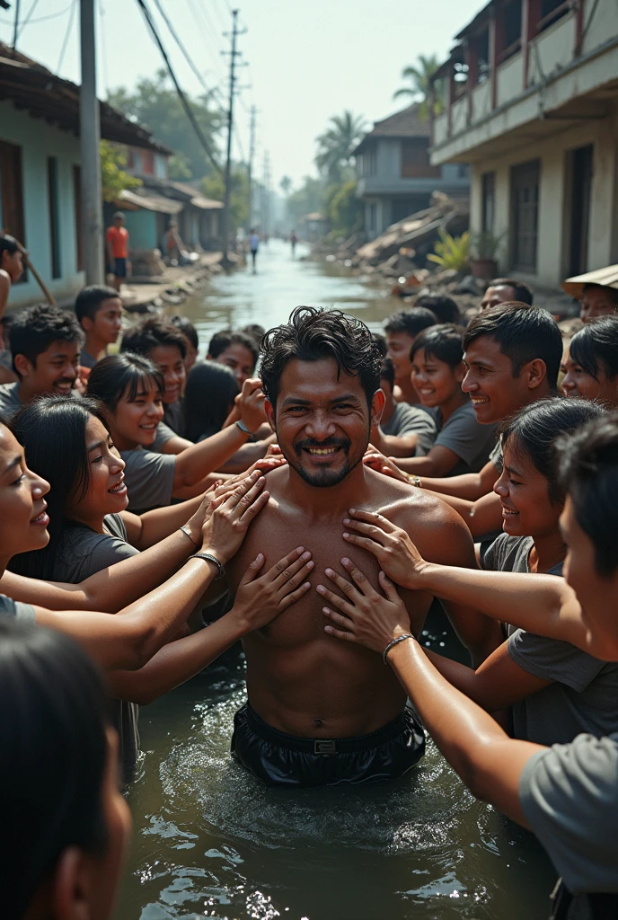 Many people are struggling together with a flood affected person.