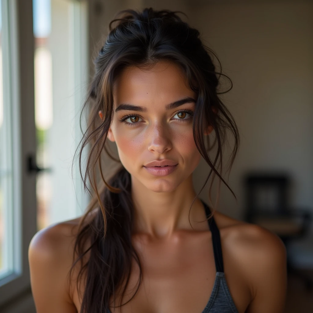 L'image représente une jeune femme à l'expression sereine. Elle a la peau bronzée, les yeux marrons Cheveux noirs attachés en arrière, elle porte une tenue de sport, et se trouve dans son salon