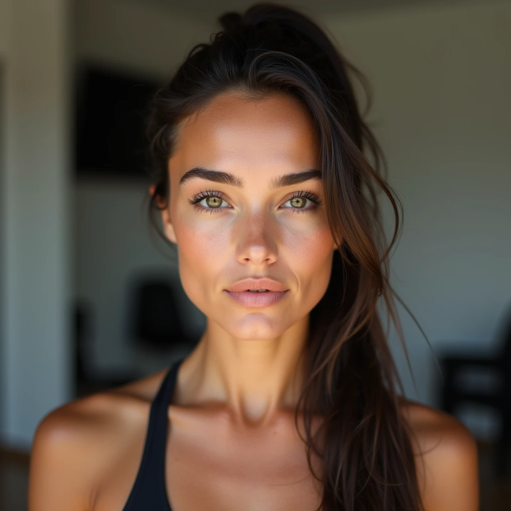 L'image représente une jeune femme à l'expression sereine. Elle a la peau bronzée, les yeux marrons Cheveux noirs attachés en arrière, elle porte une tenue de sport, et se trouve dans son salon
