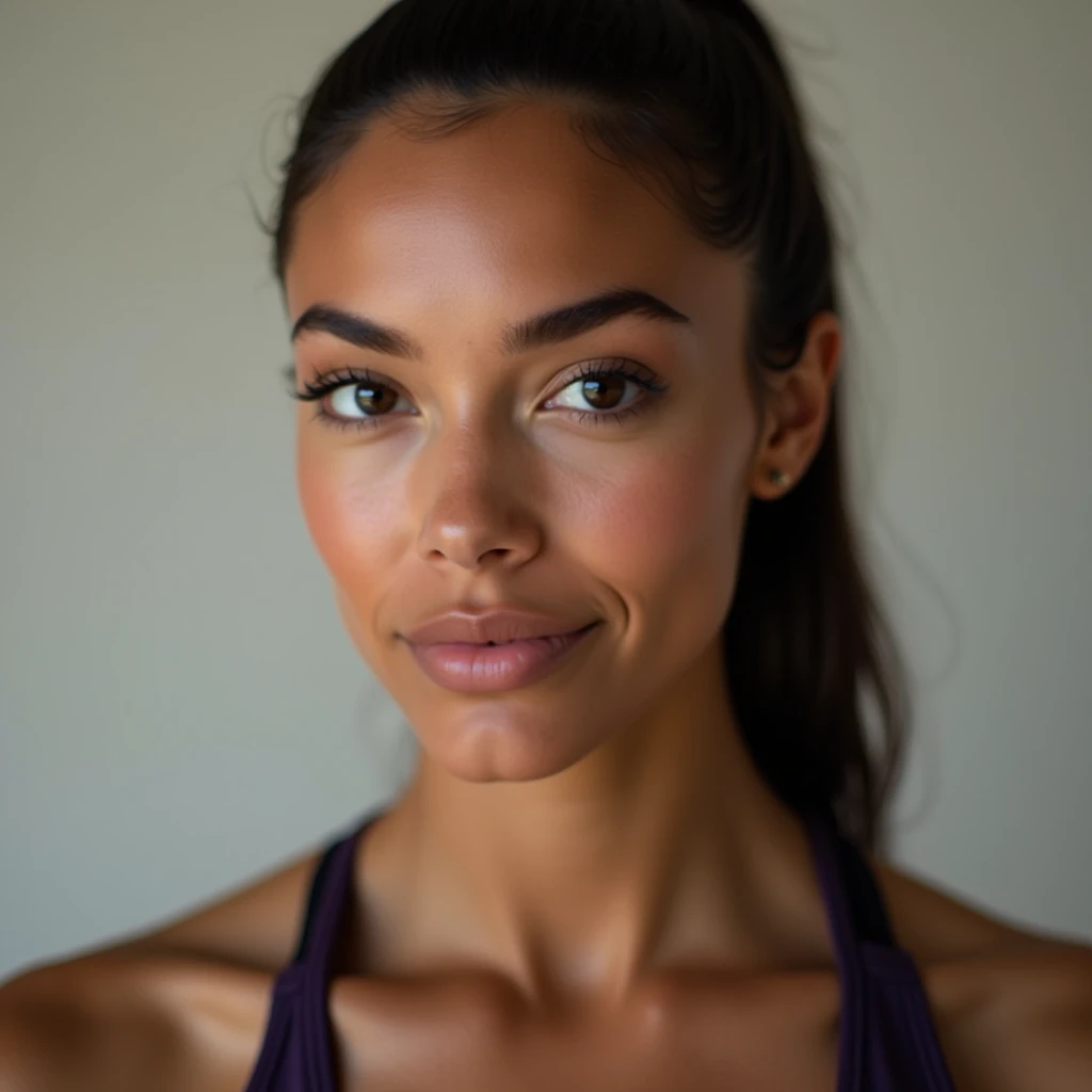 L'image représente une jeune femme à l'expression sereine. Elle a la peau bronzée, les yeux marrons Cheveux noirs attachés en arrière, elle porte une tenue de sport, et se trouve dans son salon