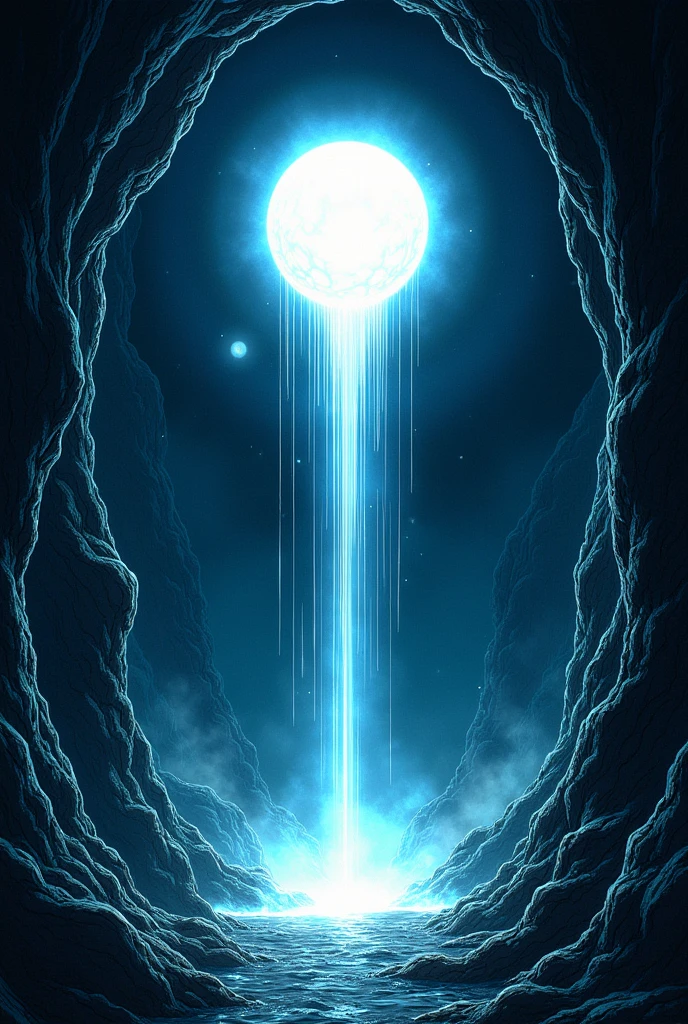 A ball like falling from the sky And landing on cave, night view, manga style