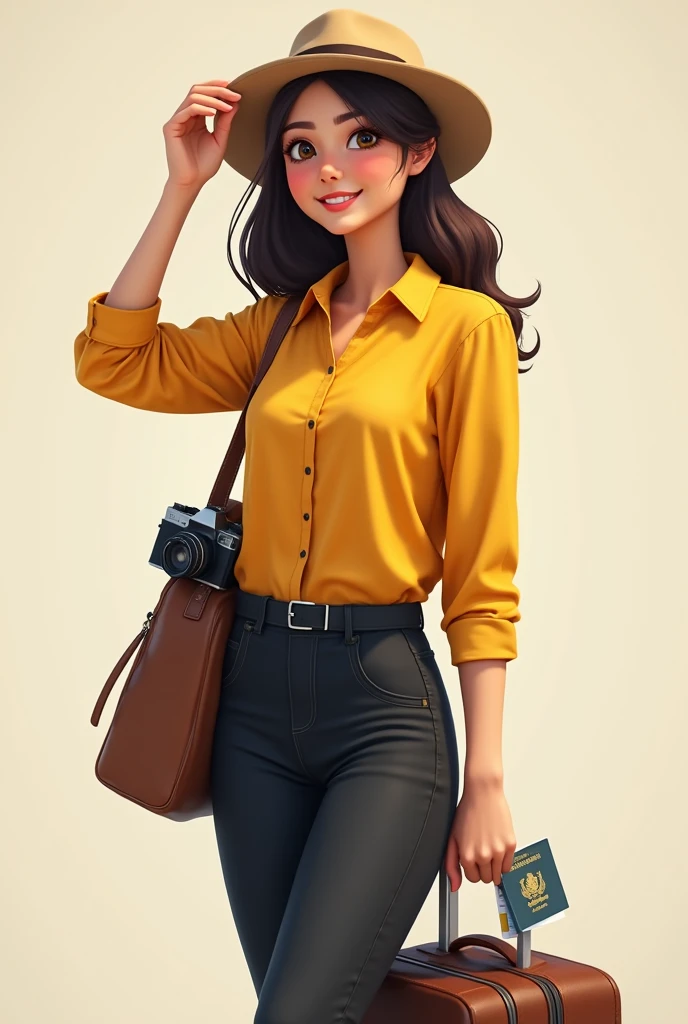 Make a photo a full real human girl who is wearing Yellow full shirt and black  pant  and who have hat and her one hand is touches her hat and other hat has airticket and passport with hanging Camera.and with travel bag