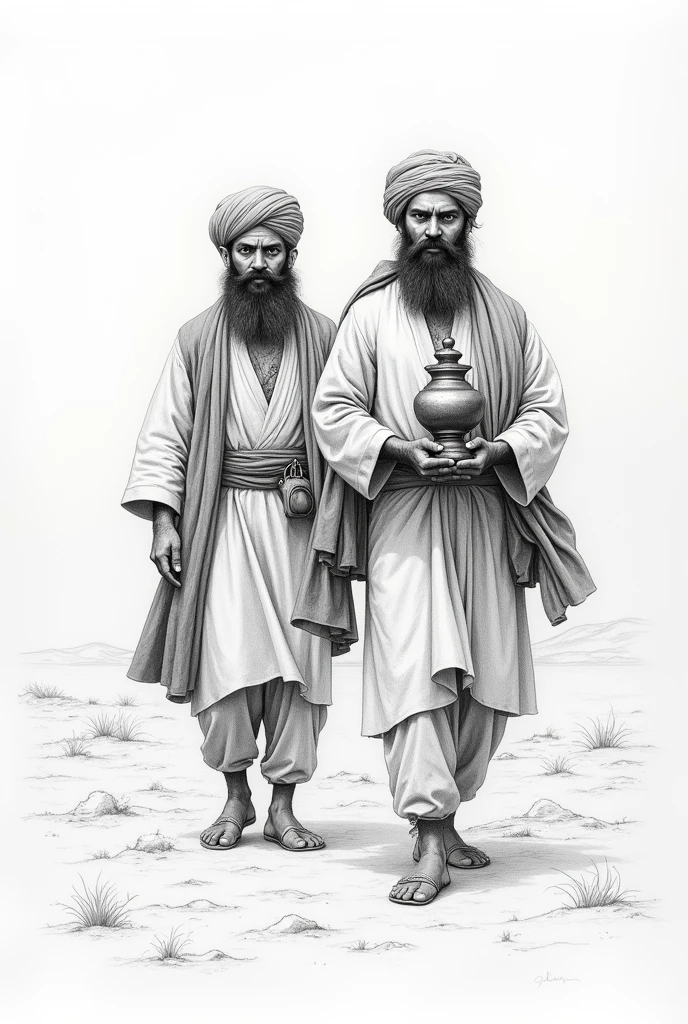 Two Punjabi people of old Indian Empire, coming towards in baren land in background , taking ash pot of their emporer , pot is small , in pencil sketch format, pot is holded by one man from base of pot ,both faces seems sad ,and their pugdi is perfectly Punjabi and dressing also