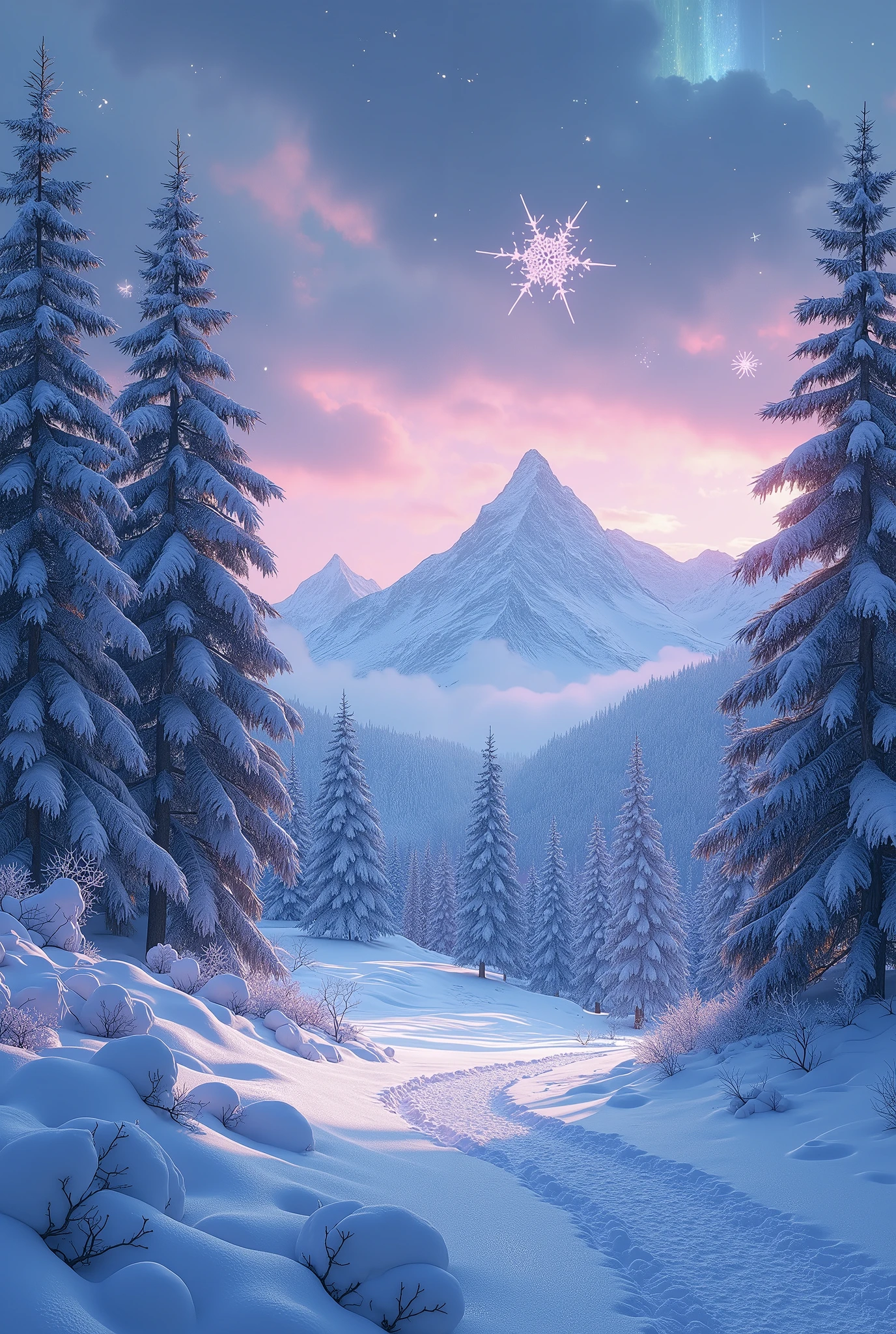 Masterpiece, Ultra-Detailed, High Definition, Expensive Resolution, HDR, Realistic, Scene: A breathtaking snow-covered landscape, featuring towering, ancient pine trees laden with fresh snow. The ground is blanketed in a thick, untouched layer of snow that glistens under the light, creating an ethereal, sparkling effect.,Fantasy Elements: The snowflakes are large and luminescent, gently falling from the sky, each one shimmering like a tiny star. In the distance, a majestic, glowing mountain range rises, with peaks that seem to touch the heavens. ,Lighting: The scene is bathed in a soft, magical light as if the snow itself is glowing with a mystical aura. The sky is a gradient of deep twilight blue and soft lavender, with hints of the aurora borealis dancing across the horizon. ,Details: Every element is intricately detailed, from the delicate patterns on each snowflake to the textures of the tree bark and the smoothness of the snow. The light creates soft shadows, adding depth and realism to the scene. ,Atmosphere: The overall atmosphere is serene and otherworldly, a perfect blend of realism and fantasy, evoking a sense of wonder and peace. The air is crisp and clear, with the faintest hint of mist, adding to the dreamlike quality of the scene.