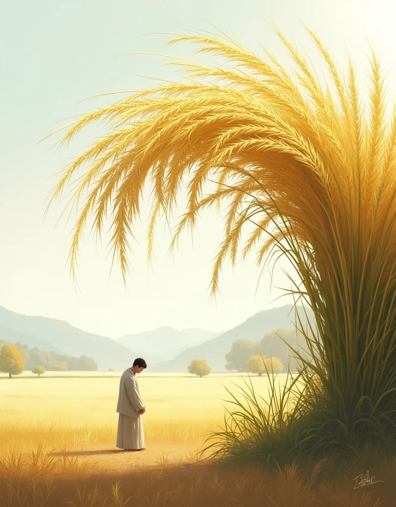 Show a ripe rice stalk bending down under the weight of its grains, with a humble figure standing beside it, head bowed in modesty.