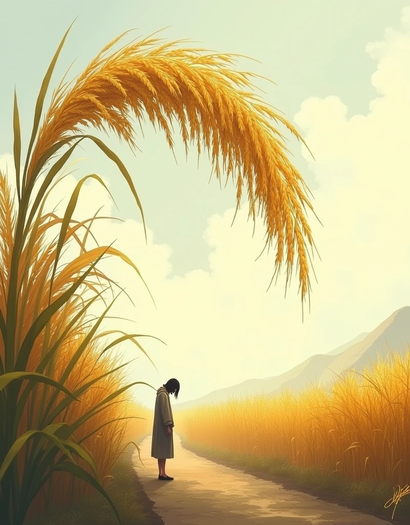 Show a ripe rice stalk bending down under the weight of its grains, with a humble figure standing beside it, head bowed in modesty.