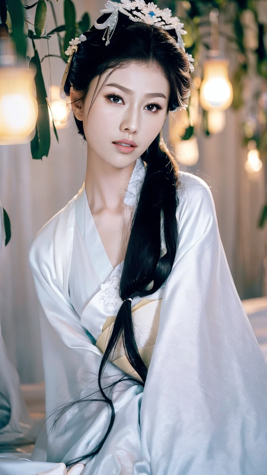 1 Fashion Model [[[[close up]]]], [[[[neck]]]], [[[[Shoulder]]]], (((Complete head)))，(((Complete hairstyle)))，Perfect eyes, Perfect Iris，Perfect lips，Perfect Teeth，Perfect skin，White skin，Soft headlights，High-density imaging，Black long hair，（Clean and delicate face），((White Hanfu))，((Half-length photo))，((night))，((Chinese Lanterns))，((Various dynamic poses))，((The background is the bedroom))，best quality，masterpiece，（Soft colors：1.2）