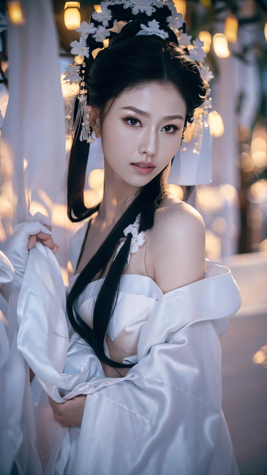 1 Fashion Model [[[[close up]]]], [[[[neck]]]], [[[[Shoulder]]]], (((Complete head)))，(((Complete hairstyle)))，Perfect eyes, Perfect Iris，Perfect lips，Perfect Teeth，Perfect skin，White skin，Soft headlights，High-density imaging，Black long hair，（Clean and delicate face），((White Hanfu))，((Half-length photo))，((night))，((Chinese Lanterns))，((Various dynamic poses))，((The background is the bedroom))，best quality，masterpiece，（Soft colors：1.2）