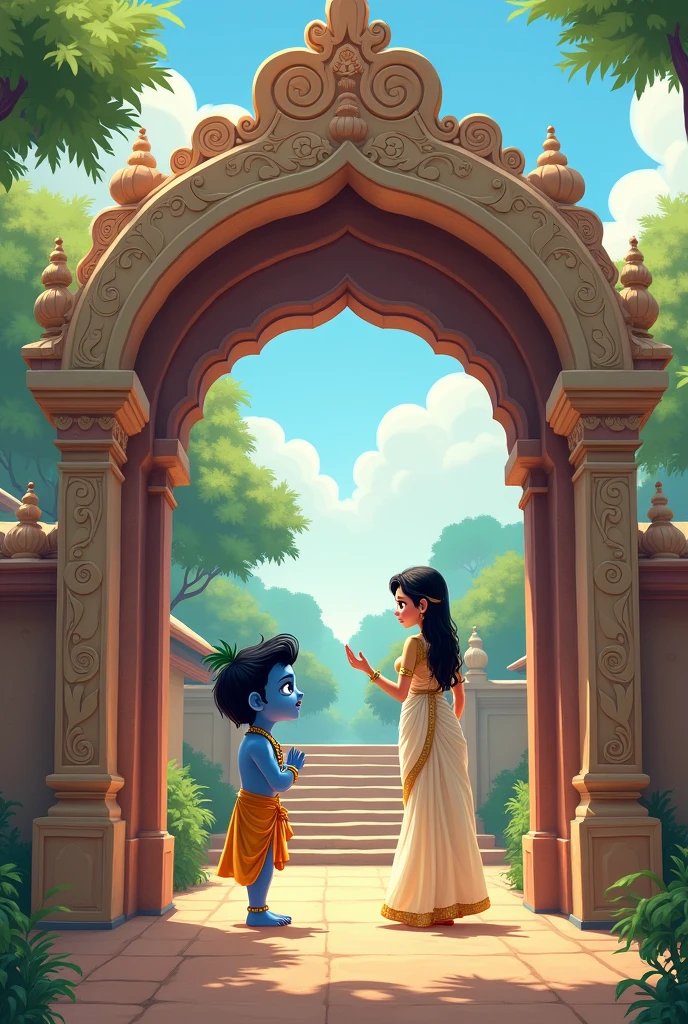 A temple arch in a village. wrote KULATHOOR DEVI TEMPLE in the arch behind the arch there is more steps to temple. A little blue cartoon krishna is standing in front of the arch and looking towards screen. A girl wear off white colour saree with golden colour blowse view from her back sideand talking something to krishna with pranam symbol