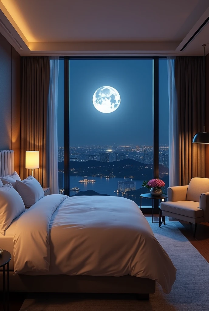 A luxury hotel room、King-size bed with premium linens、Luxury bedroom、Modern bedside lamp、The large windows offer a beautiful moonlit night view.、There is an armchair and a coffee table near the window.。