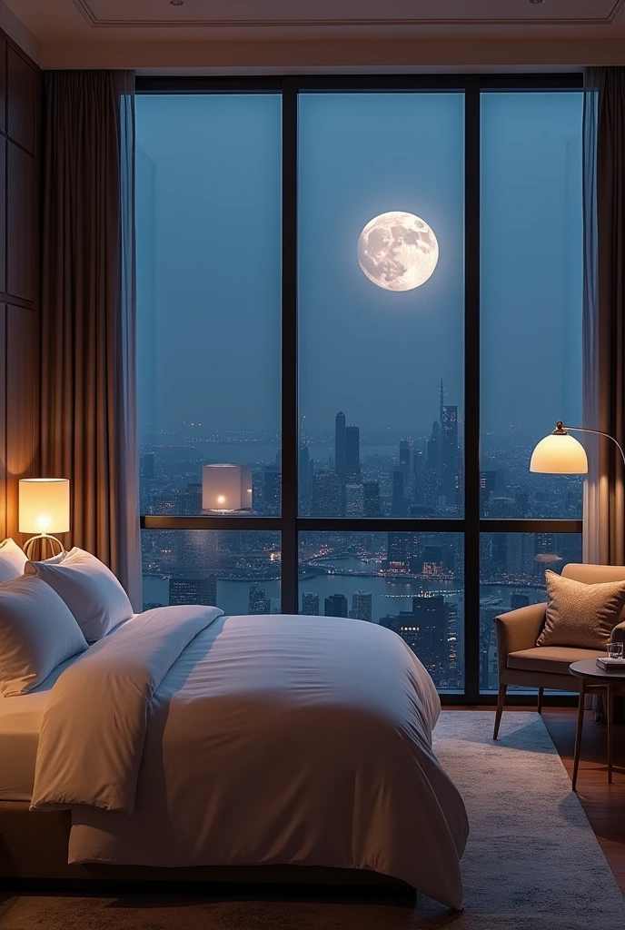 A luxury hotel room、King-size bed with premium linens、Luxury bedroom、Modern bedside lamp、The large windows offer a beautiful moonlit night view.、There is an armchair and a coffee table near the window.。