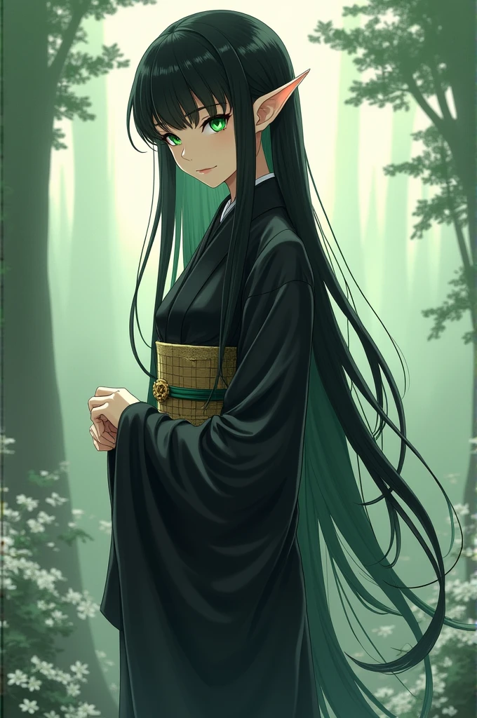 Black haired emerald eye elf wearing black yukata anime style