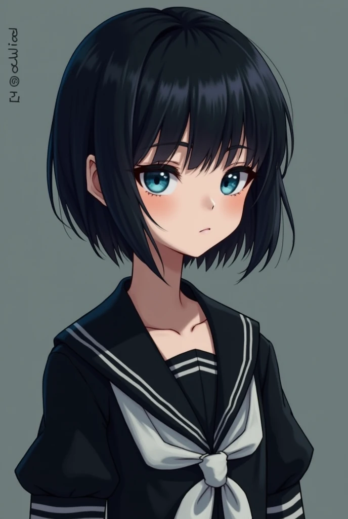 Adelina Laurent has a strange appearance, contrary to her actual age. Even though I lived before the demons came, she has the appearance of a 12- girl. She is 1m55 tall and weighs 38 kg, with slim figure and fair skin, smooth as a baby's skin. Her jet black hair is cut short and neatly styled., revealing a delicate face and deep blue eyes. Those eyes give a mysterious and deep feeling., as if one could see into the depths of the other person's soul. Adelina usually wears a black and white sailor uniform., suitable for her gentle but powerful image. This outfit not only emphasizes her youthful appearance but also fits her role in a school and magical environment..