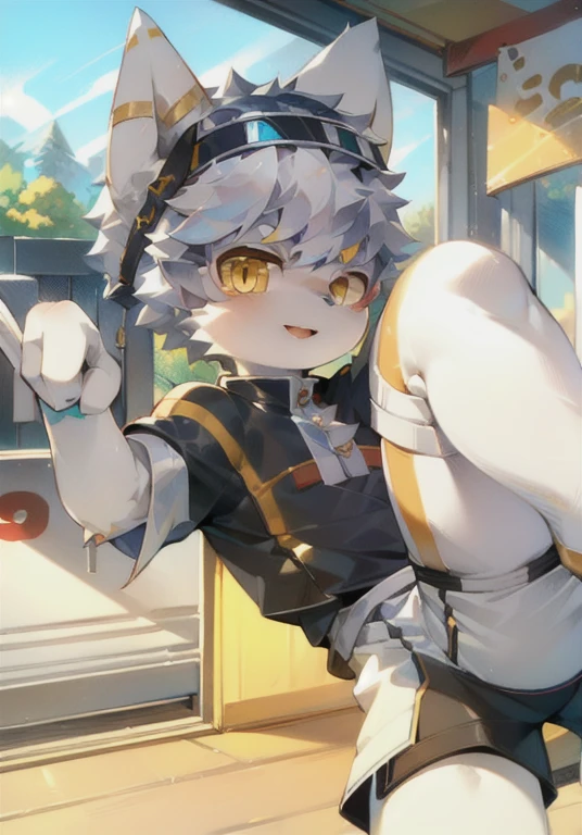 White male cat,boys,cute,Q version,Silver Hair,Detailed background,,Golden Eyes,Racing,Driver,Wear a helmet,倚靠在Racing旁