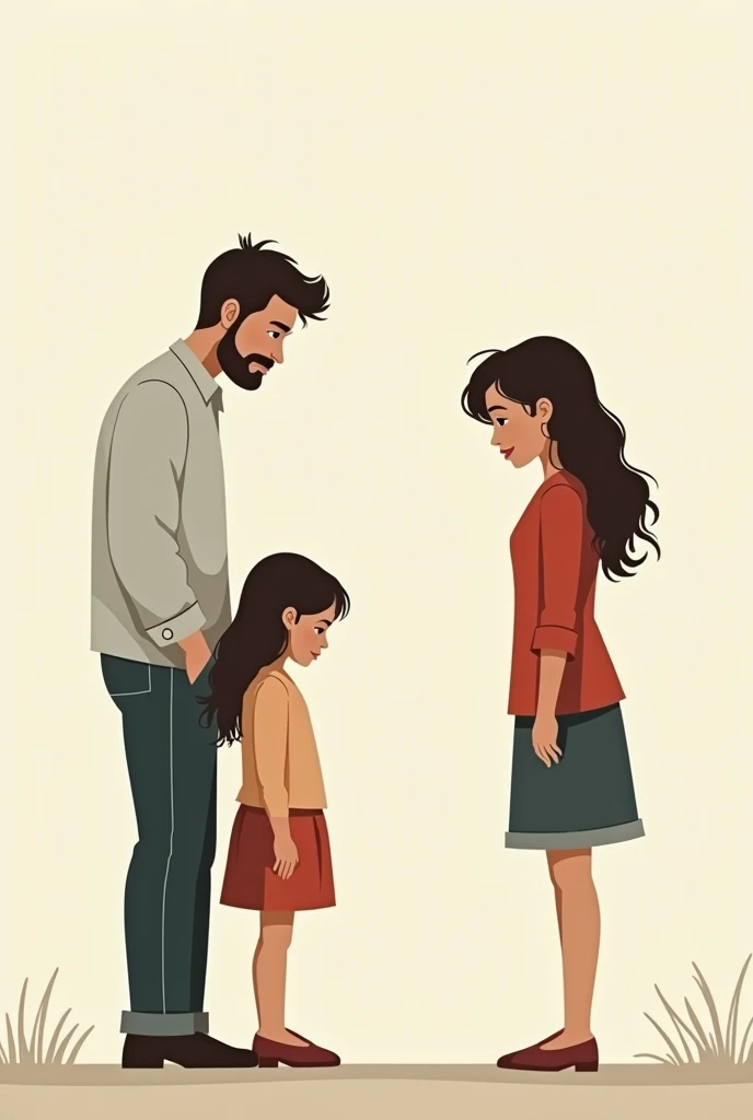 Drawing of a broken family. Which The father and daughter are facing left side and the mother is facing the right side. Clipart drawing