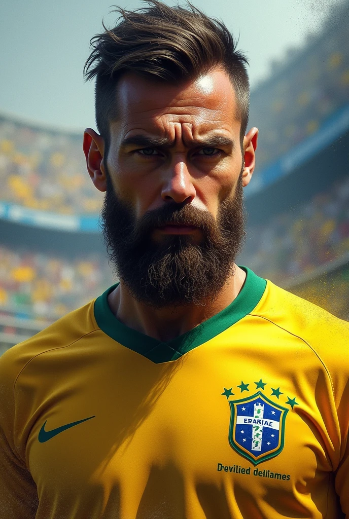 a painting of a man with a beard and Brazil football shirt, digital art portrait, digital painting style, epic portrait illustration, detailed digital art, amazing wallpaper, digital illustration portrait, stunning digital painting, digital portrait, artwork by pedro bell, digital painting photoshop, digital art!!, digital painting style, photoshop art