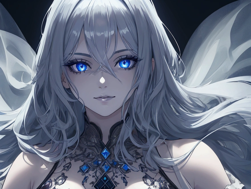a girl with glowing blue eyes, suspicious smile, detailed face, detailed eyes, detailed lips, beautiful detailed eyes, beautiful detailed lips, extremely detailed eyes and face, long eyelashes, dark background, (best quality,4k,8k,highres,masterpiece:1.2),ultra-detailed,cinematic lighting,dramatic lighting,moody lighting,dark and moody,dark and mysterious, Frieren, Sousou no Frieren