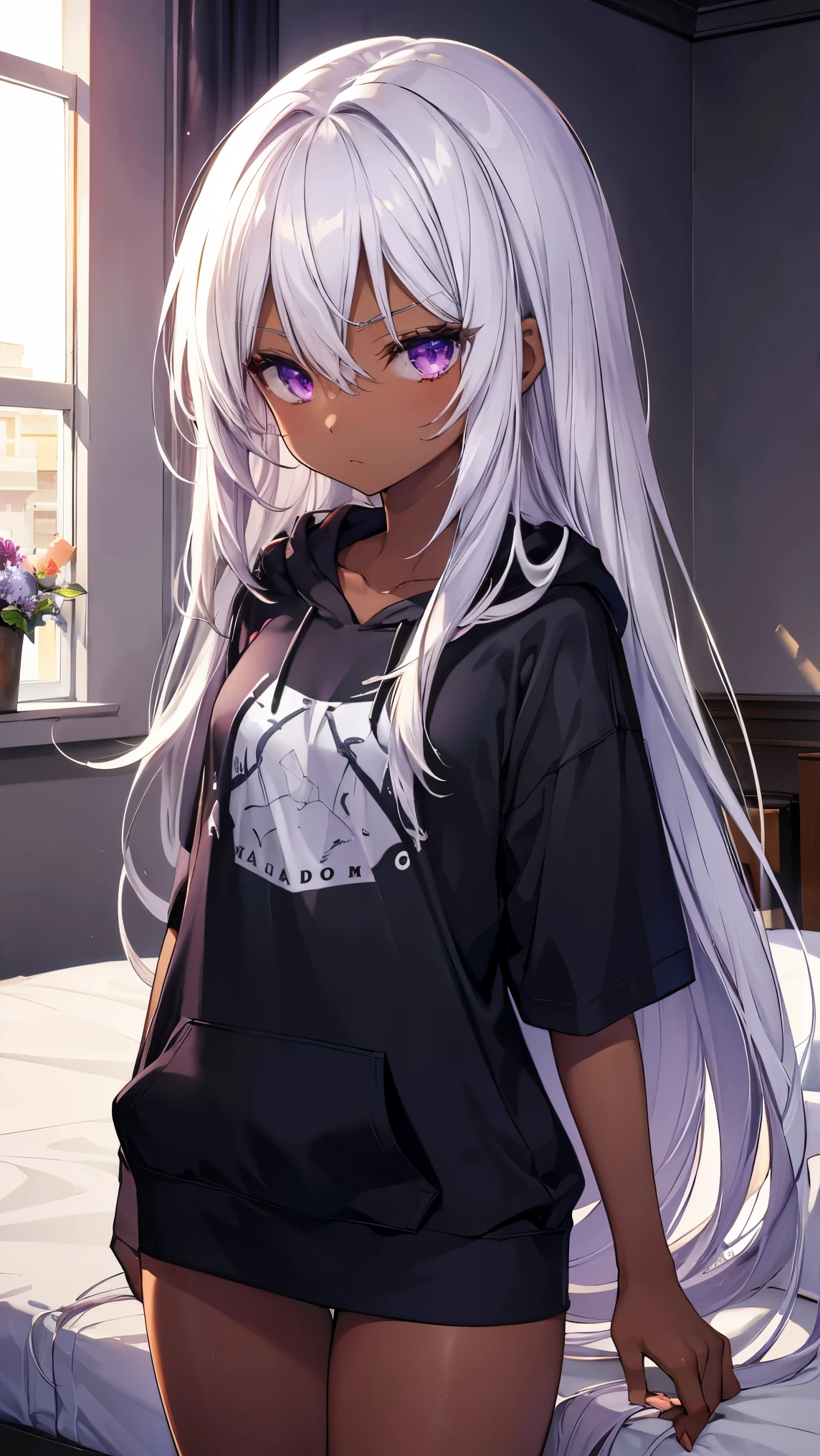 ,Highest quality,Silver Hair,Brown skin,Dark Skin,Sunburn,Purple Eyes,Very long hair,Straight Hair,Street fashion,Flat breasts,T-Shirts,hoodie,Bedroom,On the bed,Toned body,slender,