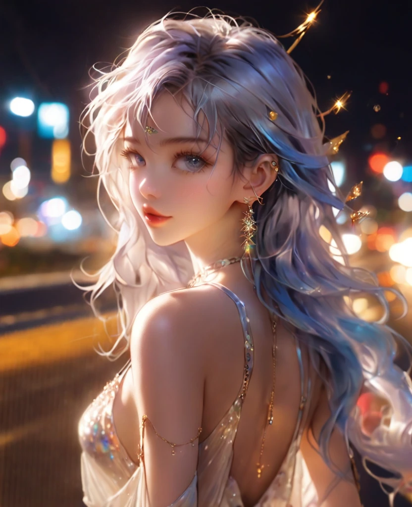8K,an extremely delicate and beautiful,Beautiful and realistic skin,Shiny jewel-like earrings,Bedhead,like glitter blue hair,beautiful eyes,camisole,short shots,asian cute girl,full body,night city