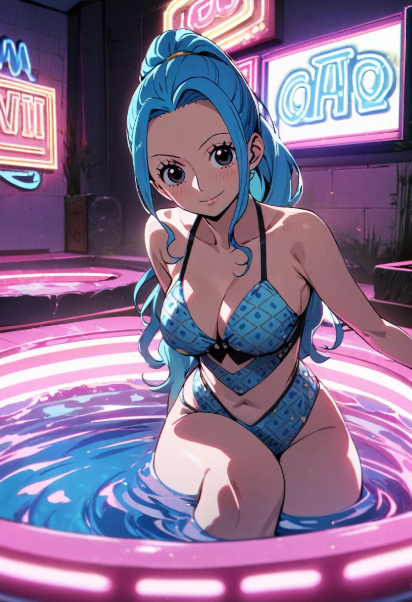 1girl, nefertari vivi, one piece,blue long hair,All back hair,ponytail, spiral patterned swimwear, fur night pool,neon light,floating lights,masterpiece, best quality, absurdres