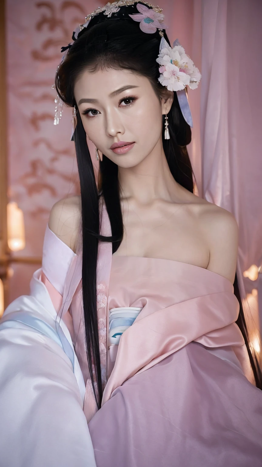1 Fashion Model [[[[close up]]]], [[[[neck]]]], [[[[Shoulder]]]], (((Complete head)))，(((Complete hairstyle)))，Perfect eyes, Perfect Iris，Perfect lips，Perfect Teeth，Perfect skin，White skin，Soft headlights，High-density imaging，Black long hair，（Clean and delicate face），((Pink Hanfu))，((Half-length photo))，((night))，((Chinese Lanterns))，((Various dynamic poses))，((The background is the bedroom))，best quality，masterpiece，（Soft colors：1.2）