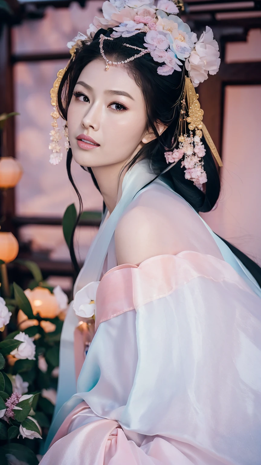 1 Fashion Model [[[[close up]]]], [[[[neck]]]], [[[[Shoulder]]]], (((Complete head)))，(((Complete hairstyle)))，Perfect eyes, Perfect Iris，Perfect lips，Perfect Teeth，Perfect skin，White skin，Soft headlights，High-density imaging，Black long hair，（Clean and delicate face），((Pink Hanfu))，((Half-length photo))，((night))，((Chinese Lanterns))，((Various dynamic poses))，((The background is the bedroom))，best quality，masterpiece，（Soft colors：1.2）