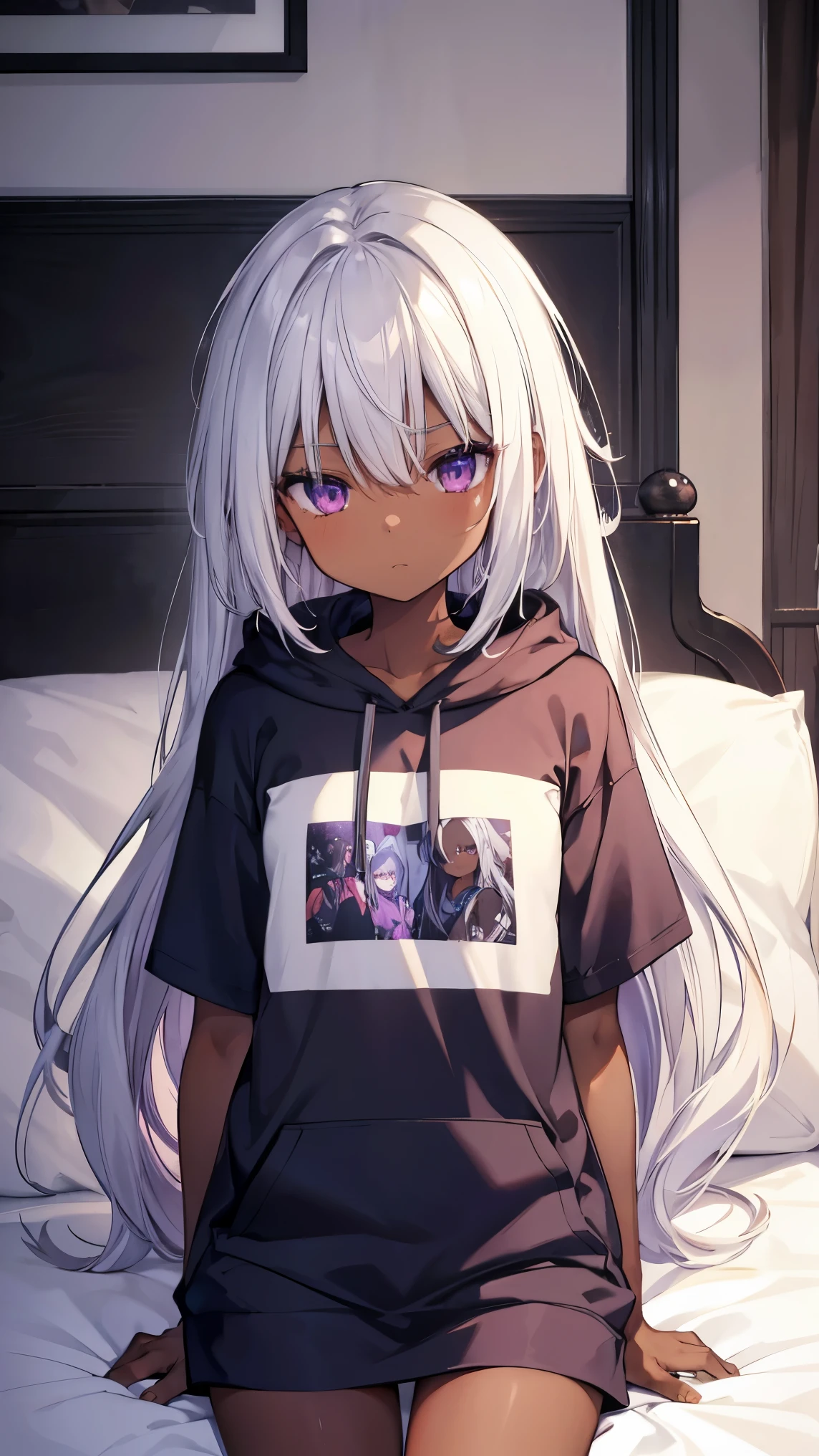 ,Highest quality,Silver Hair,Brown skin,Dark Skin,Sunburn,Purple Eyes,Very long hair,Straight Hair,Street fashion,Flat breasts,T-Shirts,hoodie,Bedroom,On the bed,Toned body,slender,