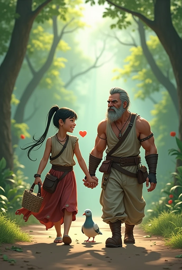 Fighter and Pigeon walk hand in hand towards the jungle, a look of happiness and friendship on their faces.