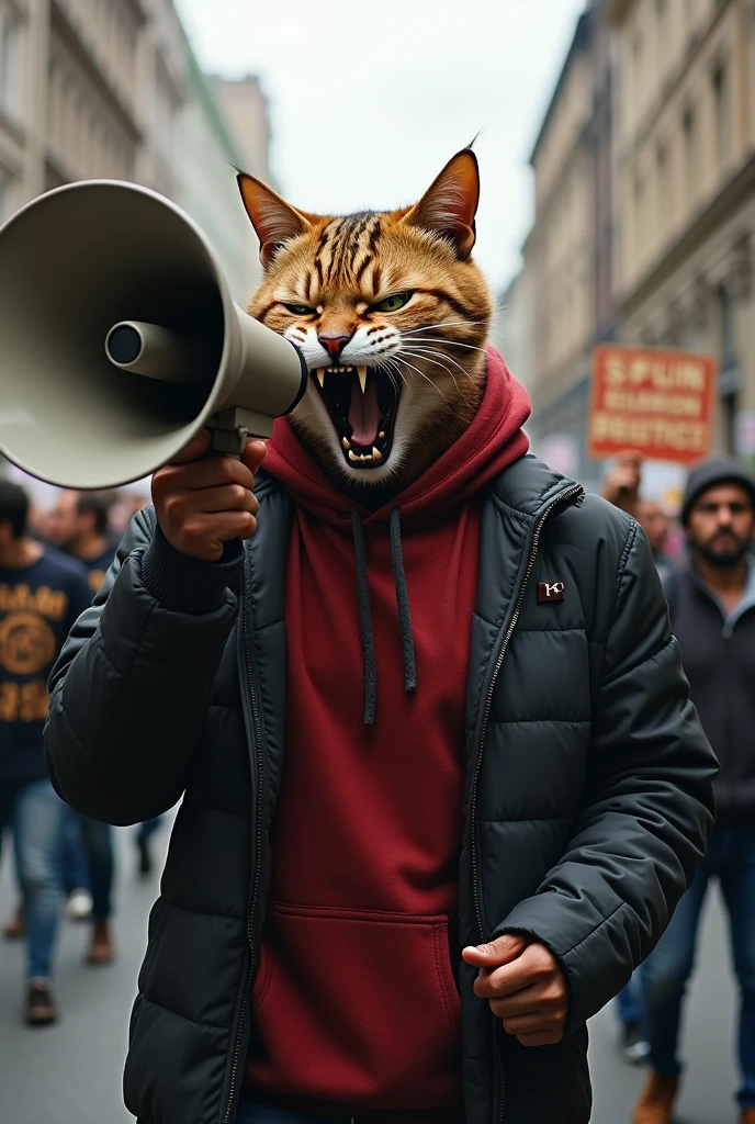 cat-faced man participates in protest. standing on the street looking like he&#39;s holding a loudspeaker. Her face is very expressive, showing an intense look, fierce, and aggressive, with sharp eyes, open fangs, and a growling expression demanding justice. The background includes urban elements such as buildings and other protest signs., which adds to the intensity of the scene. The atmosphere is tense, with a blend of realism and surrealism.