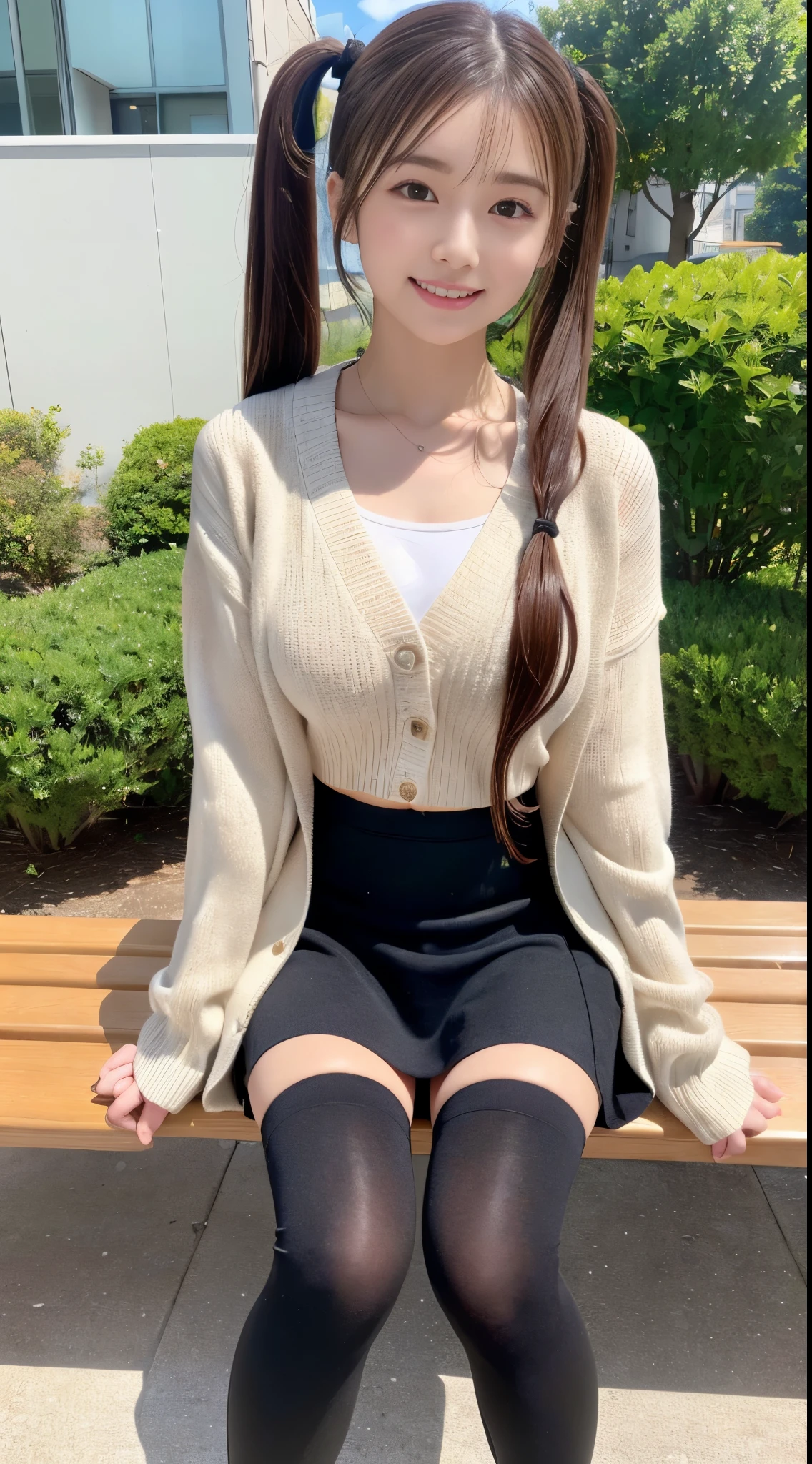 (high quality, High resolution, Very detailed, Realistic:1.37), (Full body pose)、(Full body photo of the girl)、Peaceful atmosphere, (Plein Air, garden)、 ((Big twin tails、Big scrunchies))、((Sit on a bench))、 high school stuutifully detailed features, Cute Smile, (Brown Hair), (Casual clothing), (Tight sweater)、(cardigan)、(Checked mini skirt), (black tights)、(tight round boots)、(M字開脚でSit on a bench)