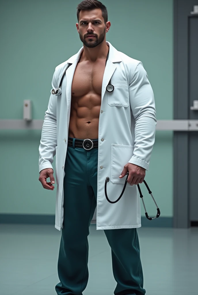 A muscular gym worker doctor, wore a half of his working white doctors suit, with heartbeat check, looking forward