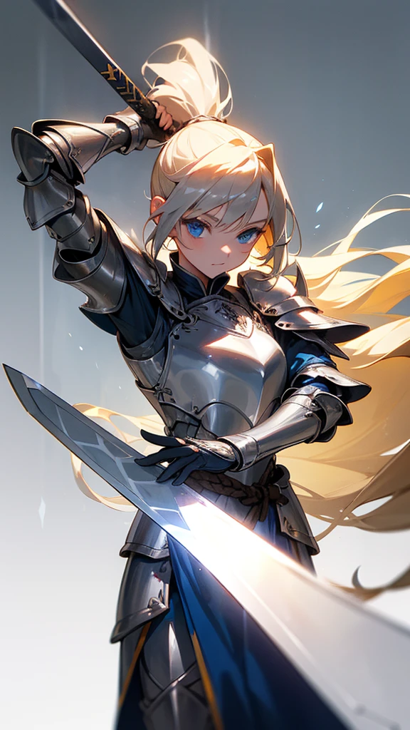 (Long Hair) (Blonde) (Silver Armor) (Light background) (Dark blue eyes) (Carry a long sword),beautiful girl,One person,Hold a long sword,ponytail