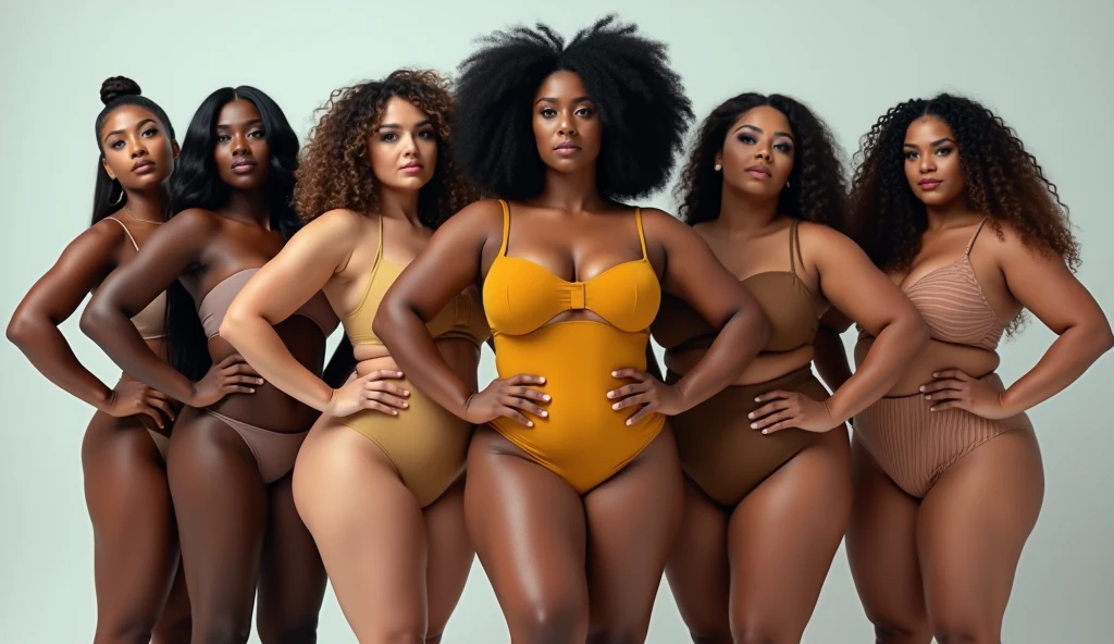 Group of women with different body and ethnicity posing together to show the woman power and strength. Curvy and skinny kind of female body concept