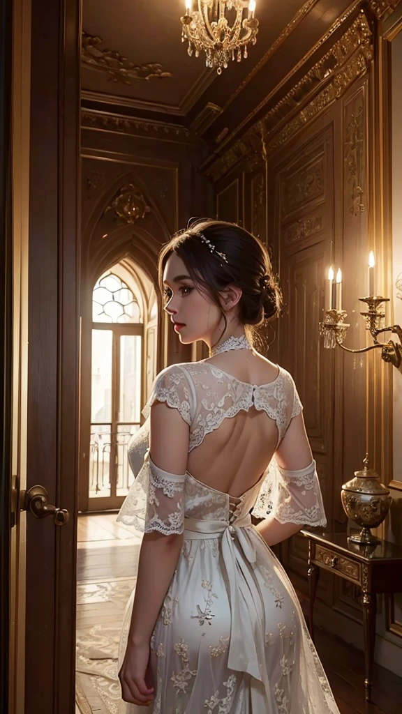 (Best quality, 8k, Masterpiece:1.3), big eyes, lace dress, enchanting back view, inside a palace, warm tone lighting