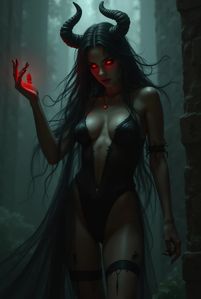 Depict a woman who embodies temptation and corruption. Imagine her as a succubus, luring a man into a realm of forbidden desires. She's draped in shadows, her form barely visible. Her eyes glow with an unnatural light, and she extends a delicate hand towards the man, her touch promising both pleasure and damnation.