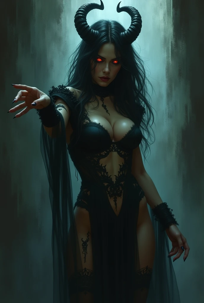 Depict a woman who embodies temptation and corruption. Imagine her as a succubus, luring a man into a realm of forbidden desires. She's draped in shadows, her form barely visible. Her eyes glow with an unnatural light, and she extends a delicate hand towards the man, her touch promising both pleasure and damnation.