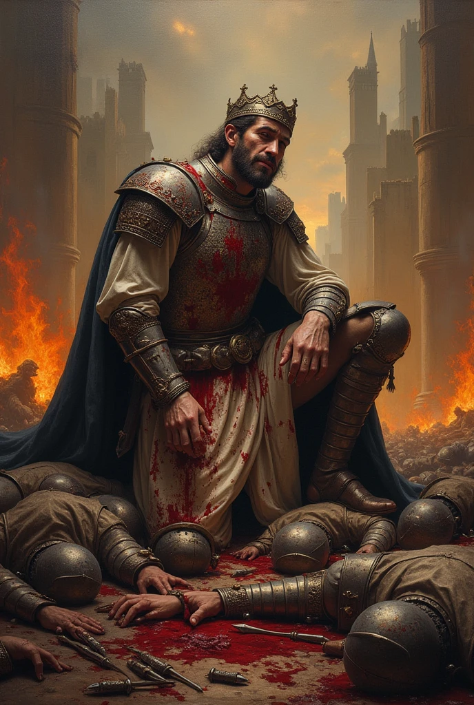 Paint me a picture of sad face blooded at he's knees king shot by dozens of arrow with a background of a burning kingdom hall with mountain of dead knights at he's feet