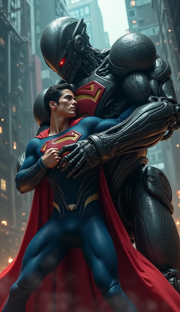 Superman being held by a robot.
