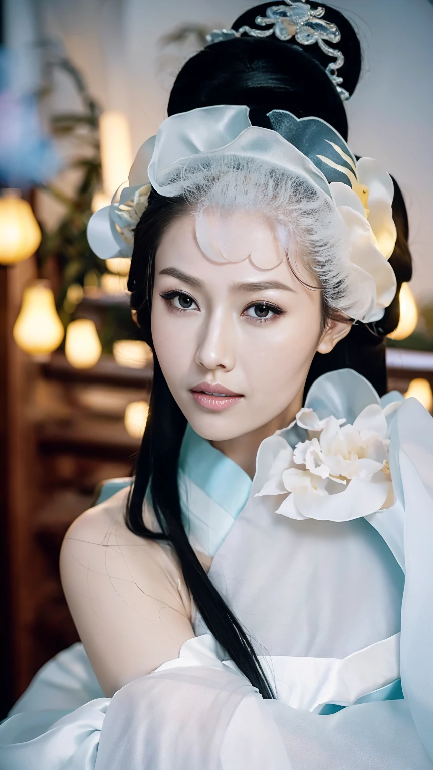 1 Fashion Model [[[[close up]]]], [[[[neck]]]], [[[[Shoulder]]]], (((Complete head)))，(((Complete hairstyle)))，Perfect eyes, Perfect Iris，Perfect lips，Perfect Teeth，Perfect skin，White skin，Soft headlights，High-density imaging，Black long hair，（Clean and delicate face），((White Hanfu))，((Half-length photo))，((night))，((Chinese Lanterns))，((Various dynamic poses))，((The background is the bedroom))，best quality，masterpiece，（Soft colors：1.2）