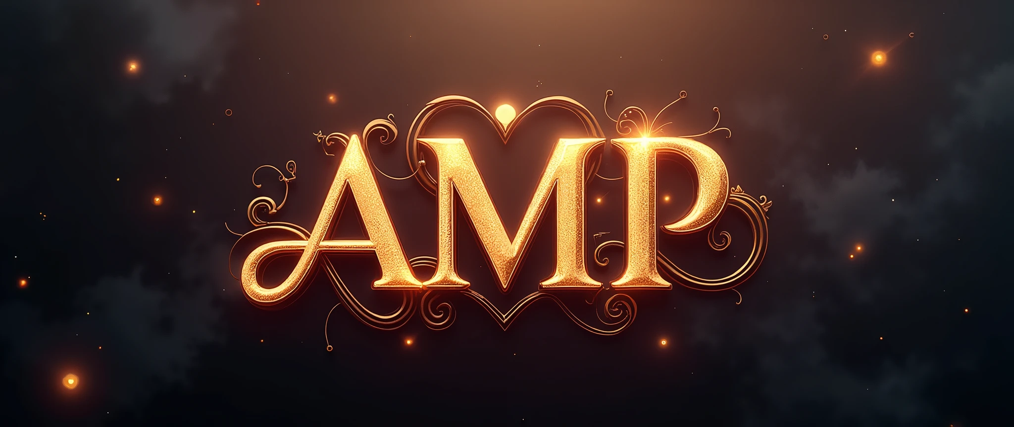 Create a logo with the letters AMP. The font should be curved and romantic. The background should appear epic. The font should almost completely fill the logo