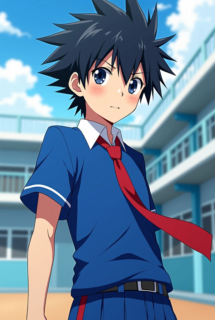 Create an anime boy with a blue school uniform and hair like Sasuke. Leave his hair black and tie red. Make a full-body image of him. Put the red tie keeping this same image. Put him in a volleyball sports uniform and shorts. ,leave only the character on the right in the image excluding the one on the left