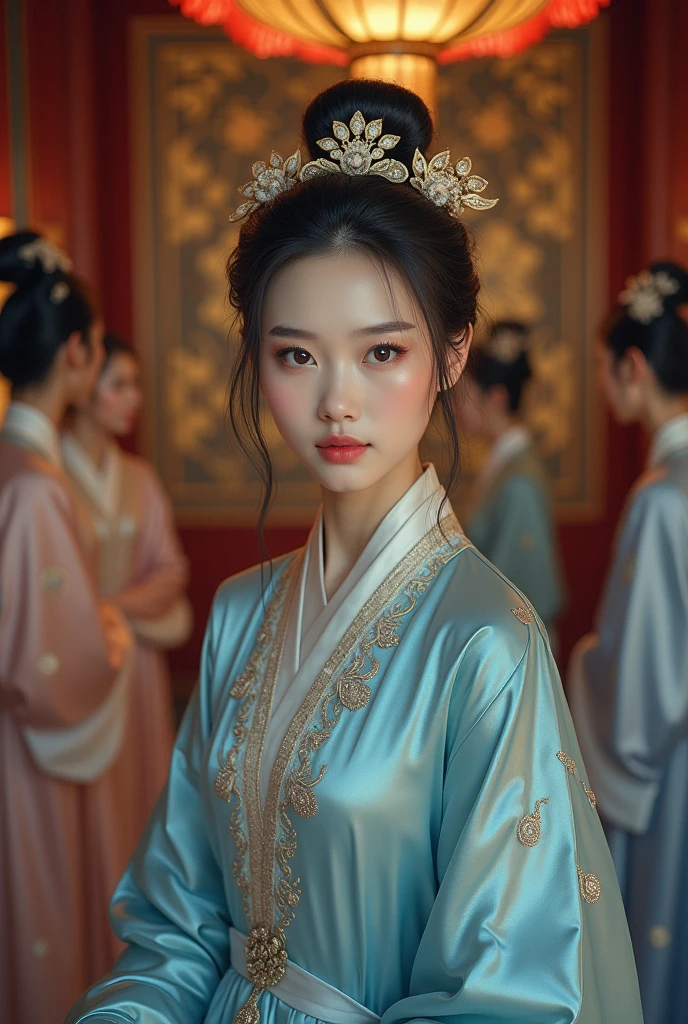 beautiful detailed eyes, beautiful detailed lips, extremely detailed eyes and face, long eyelashes, 1 girl in ancient Tang Dynasty China, light blue silk dress with gloss, 2 maids in simple white and grey dresses, palace interior, grand architecture, ornate details, intricate patterns, warm lighting, cinematic atmosphere, oil painting, digital painting, photorealistic, (best quality,4k,8k,highres,masterpiece:1.2),ultra-detailed,(realistic,photorealistic,photo-realistic:1.37),dramatic lighting,cinematic composition,vibrant colors,elegant,refined,intricate details